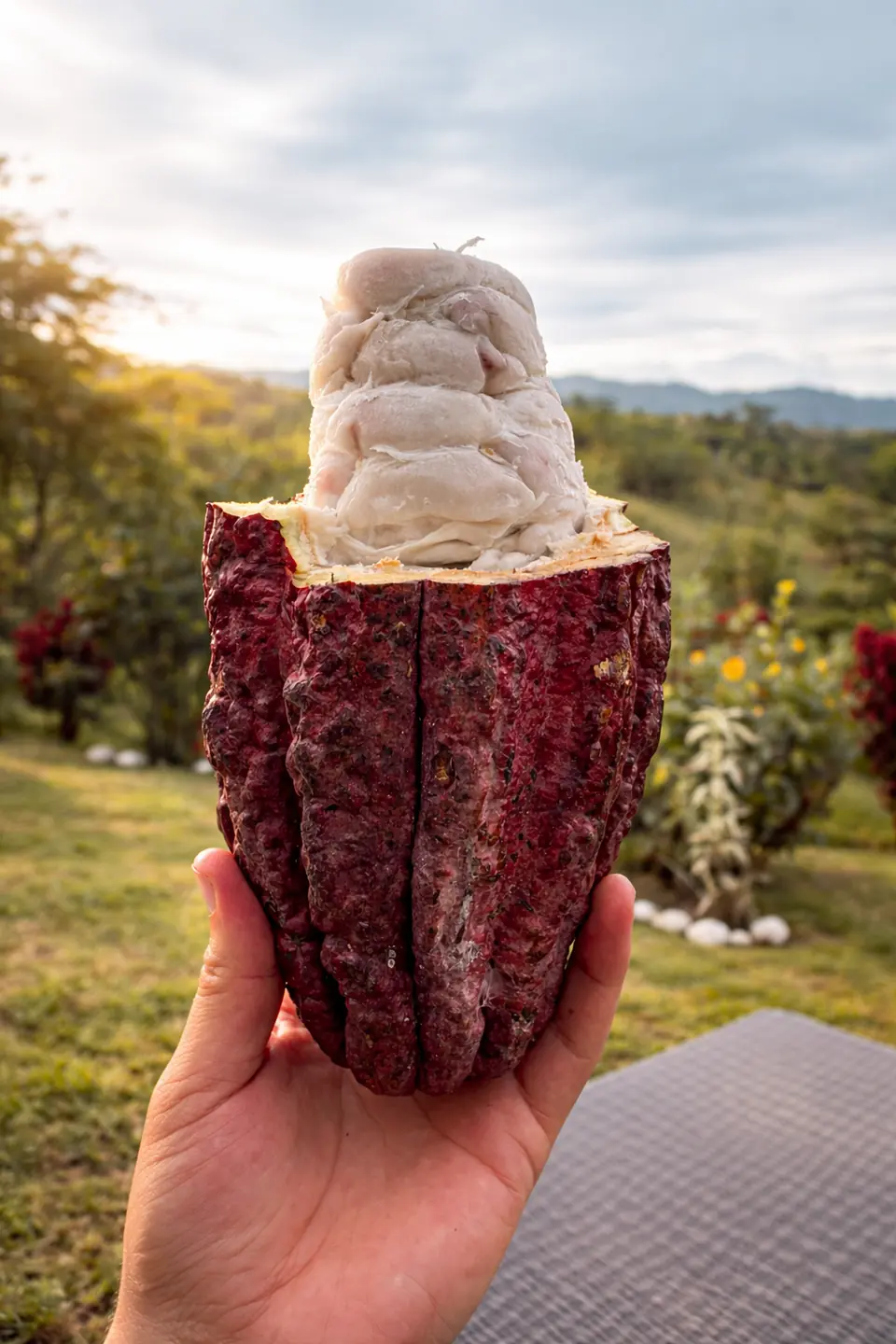 A hand holding an opened red cacao pod against the green hills of Quindío